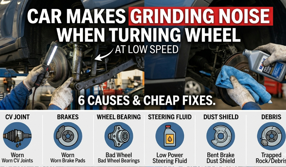 Car Makes Grinding Noise When Turning Wheel at Low Speed — 6 Causes & Cheap Fixes