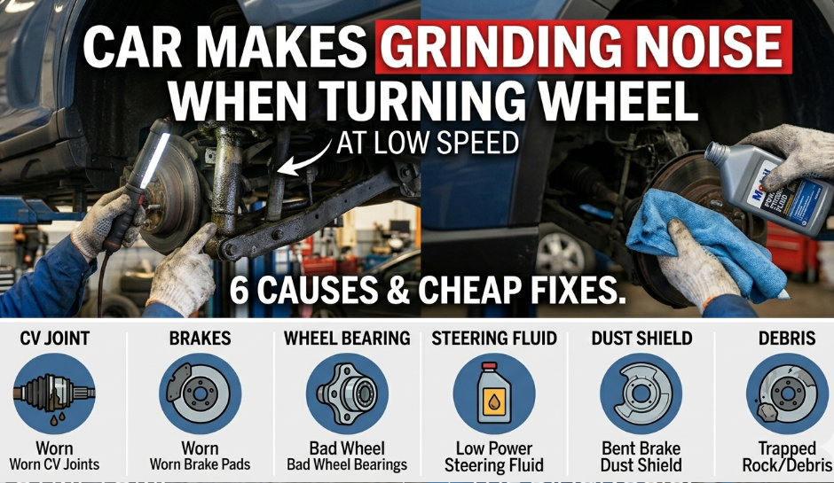 Car Makes Grinding Noise When Turning Wheel at Low Speed — 6 Causes & Cheap Fixes